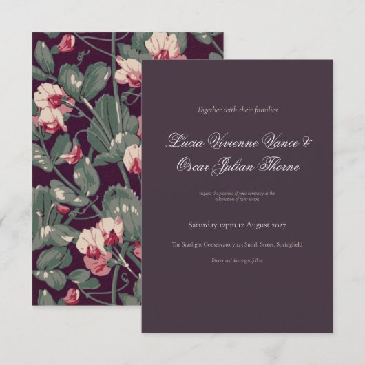Moody Botanical & Deep Plum Wedding Invitation 出欠カード (正面/裏面)
