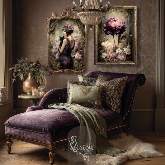 Moody Boudoir Portrait Cat & Peony Wall Art Set