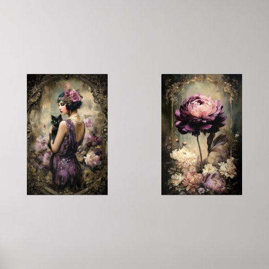 Moody Boudoir Portrait Cat & Peony Wall Art Set (正面)