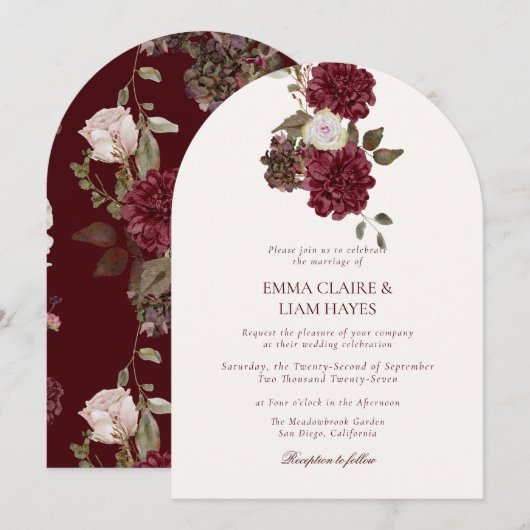 Moody Burgundy Arched Autumn Wedding Invitation 招待状 (正面/裏面)
