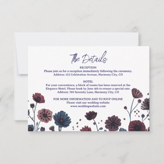 Moody Burgundy &Blue Floral Details Enclosure Card 出欠カード (正面)