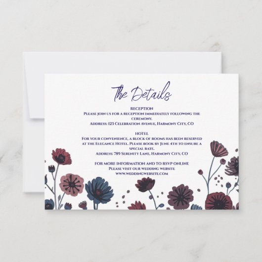 Moody Burgundy &Blue Floral Details Enclosure Card 出欠カード (正面)