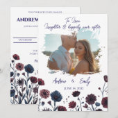Moody Burgundy & Blue Floral Wedding Invitation 招待状 (正面/裏面)