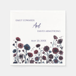 Moody Burgundy & Blue Floral Wedding Napkins スタンダードカクテルナプキン