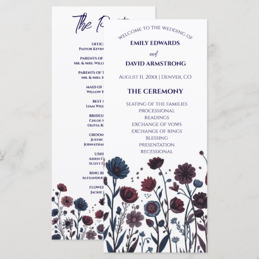 Moody Burgundy & Blue Floral Wedding Program (正面/裏面)