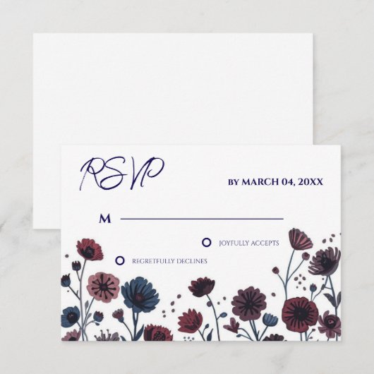 Moody Burgundy & Blue Floral Wedding RSVP (正面/裏面)