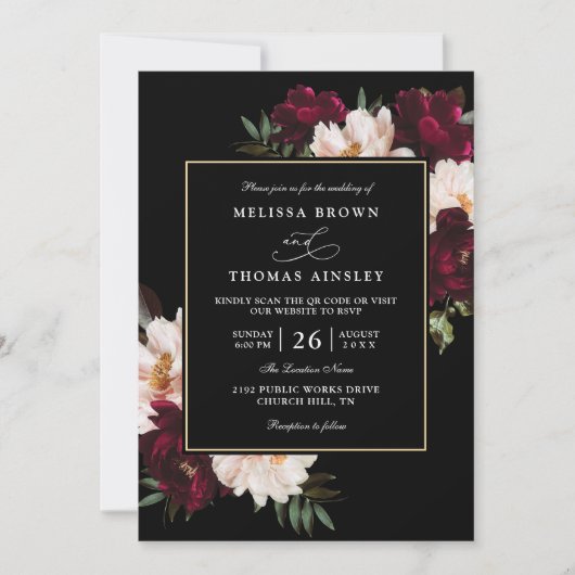 Moody Burgundy Blush Floral QR Code Wedding 招待状 (正面)