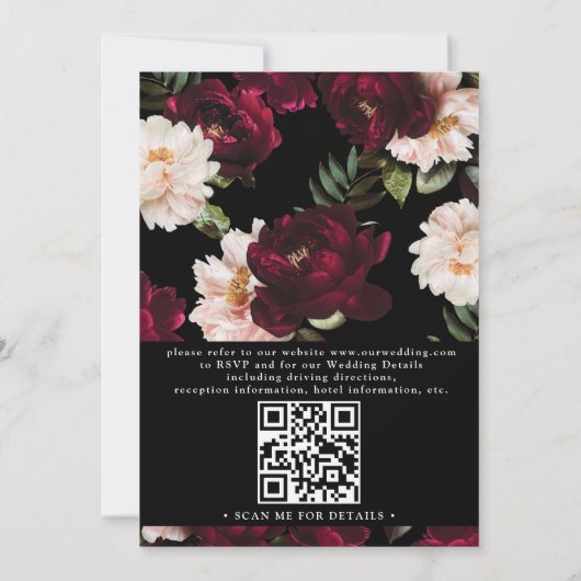 Moody Burgundy Blush Floral QR Code Wedding 招待状 (裏面)
