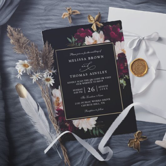 Moody Burgundy Blush Floral QR Code Wedding 招待状