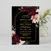 Moody Burgundy Blush Pink Floral Peonies Wedding 箔招待状 (立ち正面)