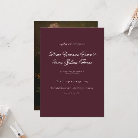 Moody Burgundy Dutch Floral Wedding Invitation 招待状 (正面/裏面インサイチュ)