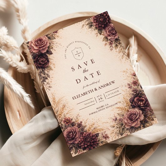 Moody Burgundy Floral Autumn Wedding セーブザデート