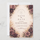 Moody Burgundy Floral Autumn Wedding セーブザデート (正面)