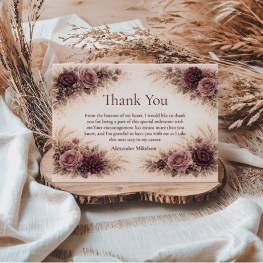 Moody Burgundy Floral Graduation Party サンキューカード