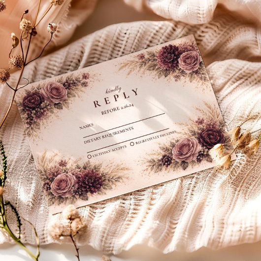 Moody Burgundy Floral Graduation Party 出欠カード