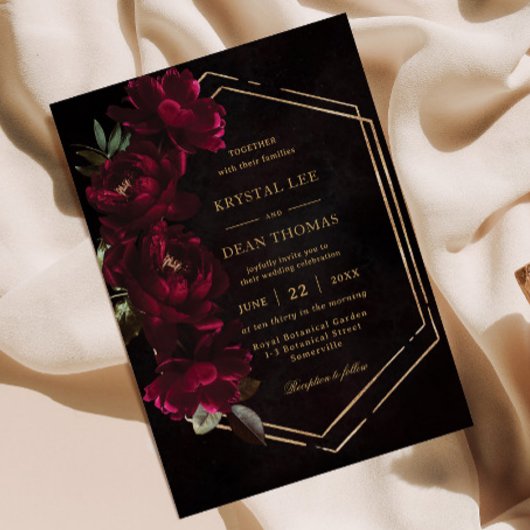 Moody Burgundy Floral Peonies Wedding 招待状