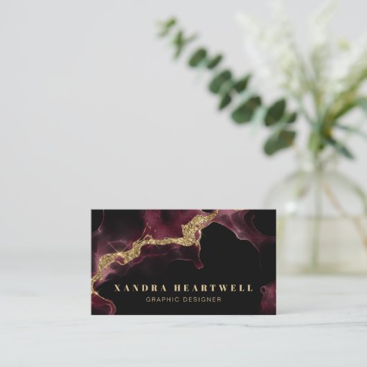 Moody Burgundy Gold Glitter Ink Abstract QR Code 名刺 (スタンド正面)