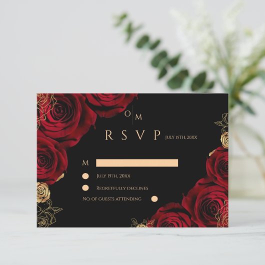 Moody Burgundy Roses Wedding RSVP card (スタンド正面)
