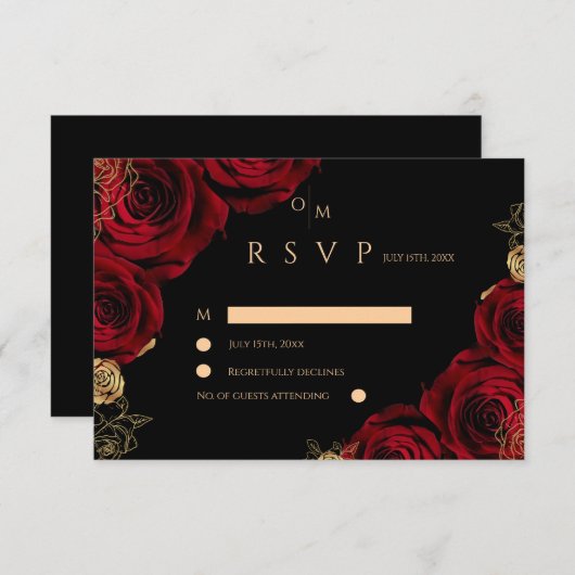 Moody Burgundy Roses Wedding RSVP card (正面/裏面)