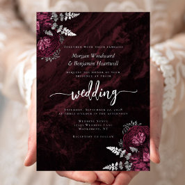 Moody Burgundy Silver Floral Wedding 箔招待状