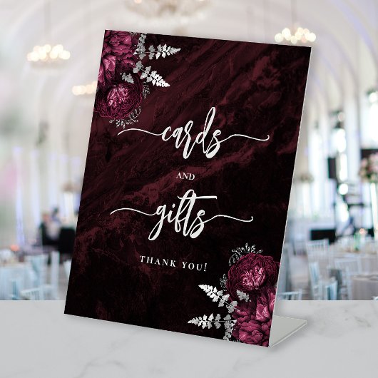 Moody Burgundy Silver Floral Wedding Cards Gifts 台座サイン