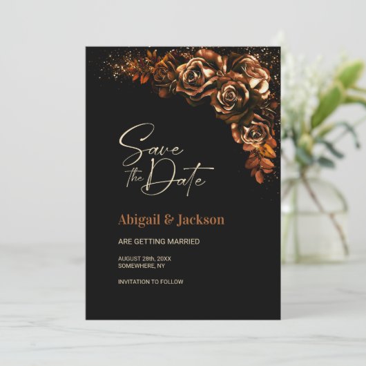 Moody Burntオレンジ色のフローラ結婚式の日付を保存 セーブザデート (スタンド正面)