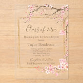Moody Charcoal and Pink Cherry Blossom Graduation アクリル招待状 (正面)