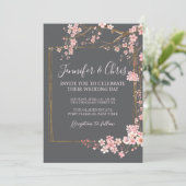 Moody Charcoal and Pink Cherry Blossom Wedding 招待状 (スタンド正面)