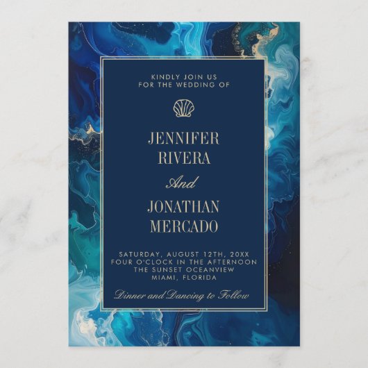 Moody Coastal Ocean Blue Elegant Beach Wedding 招待状 (正面)