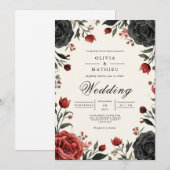 Moody Crimson Bloom Floral Wedding 招待状 (正面/裏面)