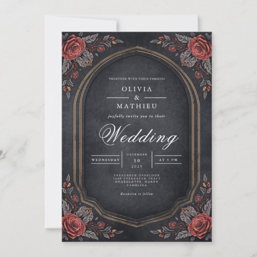 Moody Crimson Floral Arch Wedding 招待状 (正面)