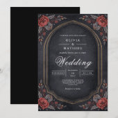 Moody Crimson Floral Arch Wedding 招待状 (正面/裏面)