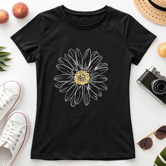Moody Daisy Black; Minimalist Floral Summer  Tシャツ