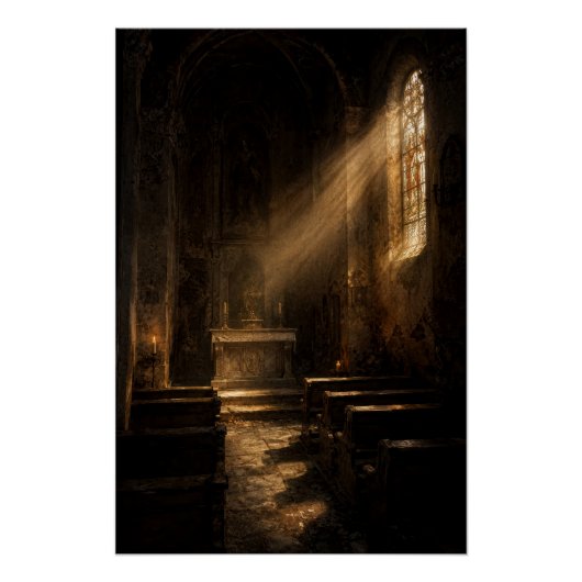 Moody Dark Academia Chapel Sunbeam Fine Art Poster ポスター (正面)
