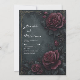 Moody Dark Charcoal Burgundy Rose Floral Wedding 招待状