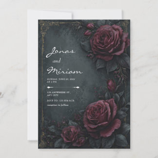 Moody Dark Charcoal Burgundy Rose Floral Wedding 招待状