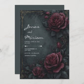 Moody Dark Charcoal Burgundy Rose Floral Wedding 招待状 (正面/裏面)