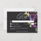 Moody Dark Floral Black Burgundy Romantic Wedding 出欠カード (正面)