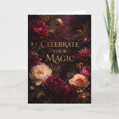 Moody Dark Floral Gold Script Birthday Card カード (正面)