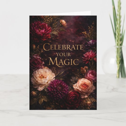 Moody Dark Floral Gold Script Birthday Card カード (正面)