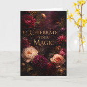 Moody Dark Floral Gold Script Birthday Card カード (黄色い花)