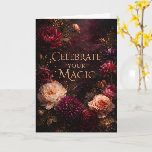 Moody Dark Floral Gold Script Birthday Card カード (黄色い花)