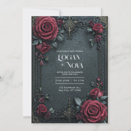 Moody Dark Gothic Burgundy Rose Ornate Wedding 招待状