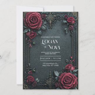 Moody Dark Gothic Burgundy Rose Ornate Wedding 招待状