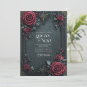 Moody Dark Gothic Burgundy Rose Ornate Wedding 招待状 (スタンド正面)