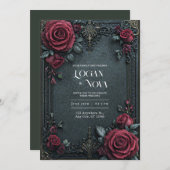 Moody Dark Gothic Burgundy Rose Ornate Wedding 招待状 (正面/裏面)