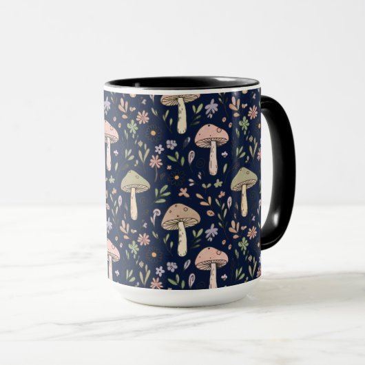 Moody Dark Navy Fungi Seamless Pattern マグカップ (正面右)