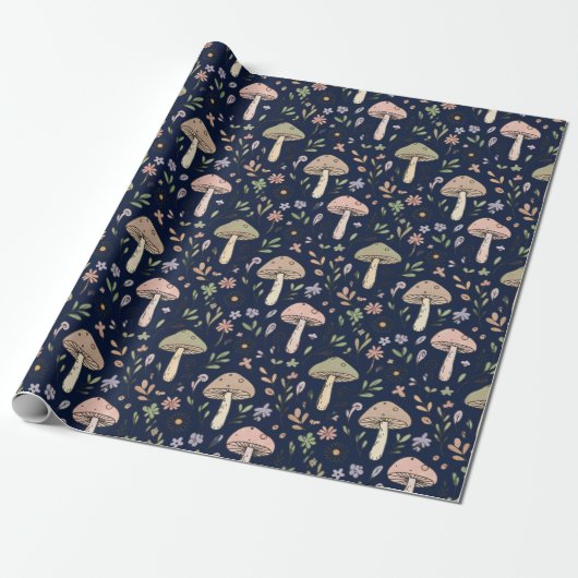 Moody Dark Navy Fungi Seamless Pattern ラッピングペーパー (アンロールド)