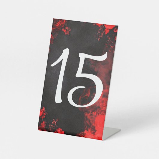 Moody Dark Red Rose Wedding Table Number 台座サイン (正面)