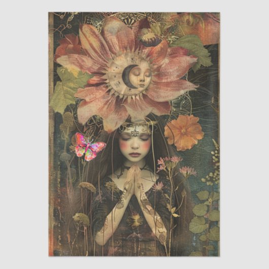 Moody Dark Rustic Fantasy Garden Girl Decoupage  薄葉紙 (正面)